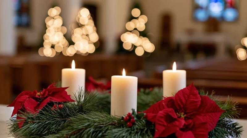 Three white candles burning in an advent wreath of pine and poinsettia on a church altar