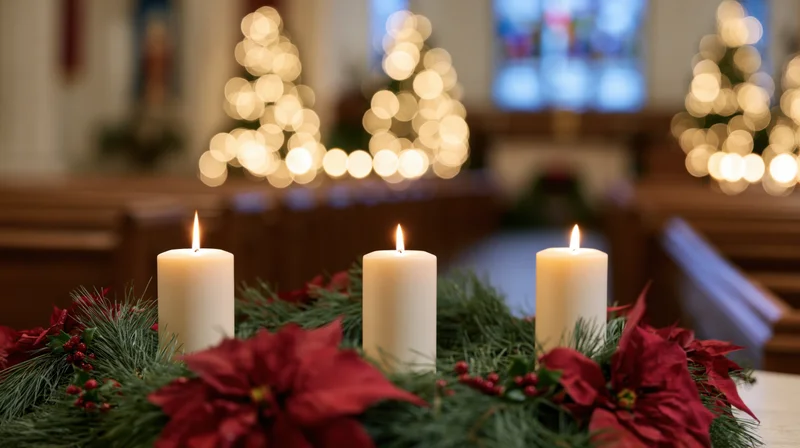 Three white candles burning in an advent wreath of pine and poinsettia on a church altar