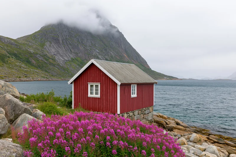 Red wooden fishing cabin on rocky shore beside sea with purple flowers and mountain in background