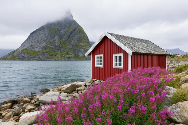 Red wooden rorbu fishing cabin on rocky shore beside calm water with mountain and purple fireweed in foreground