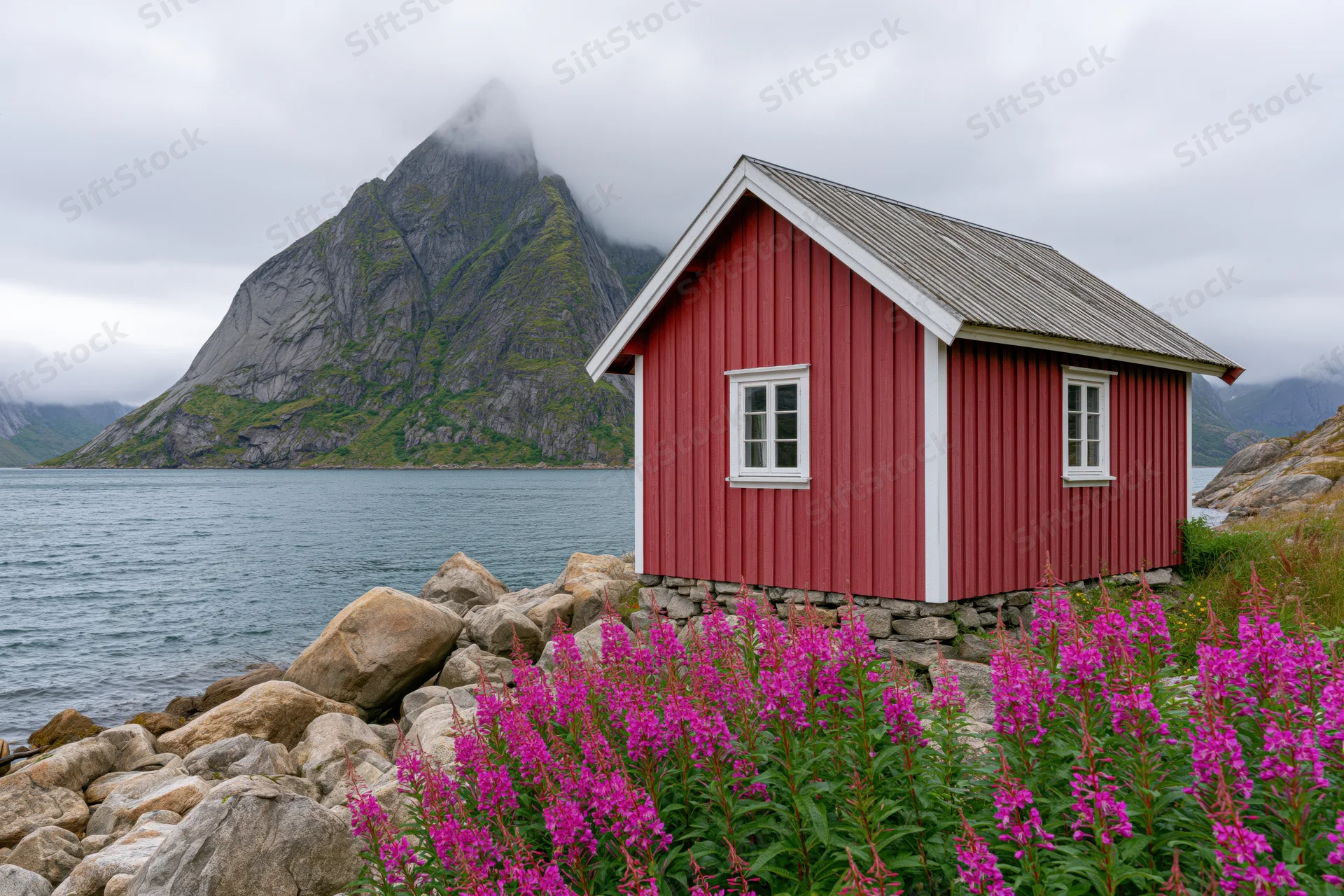 Red wooden rorbu fishing cabin on rocky shore beside fjord with mountain peak in mist and pink fireweed in foreground