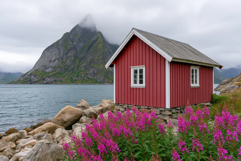 Red wooden rorbu fishing cabin on rocky shore beside fjord with mountain peak in mist and pink fireweed in foreground