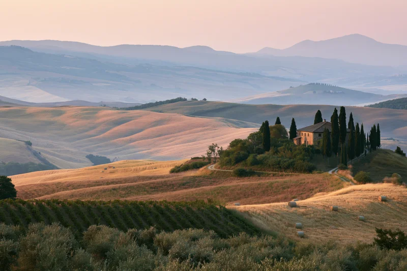 Stone farmhouse perched on a hill surrounded by vineyards and olive groves in the tuscan countryside at sunset