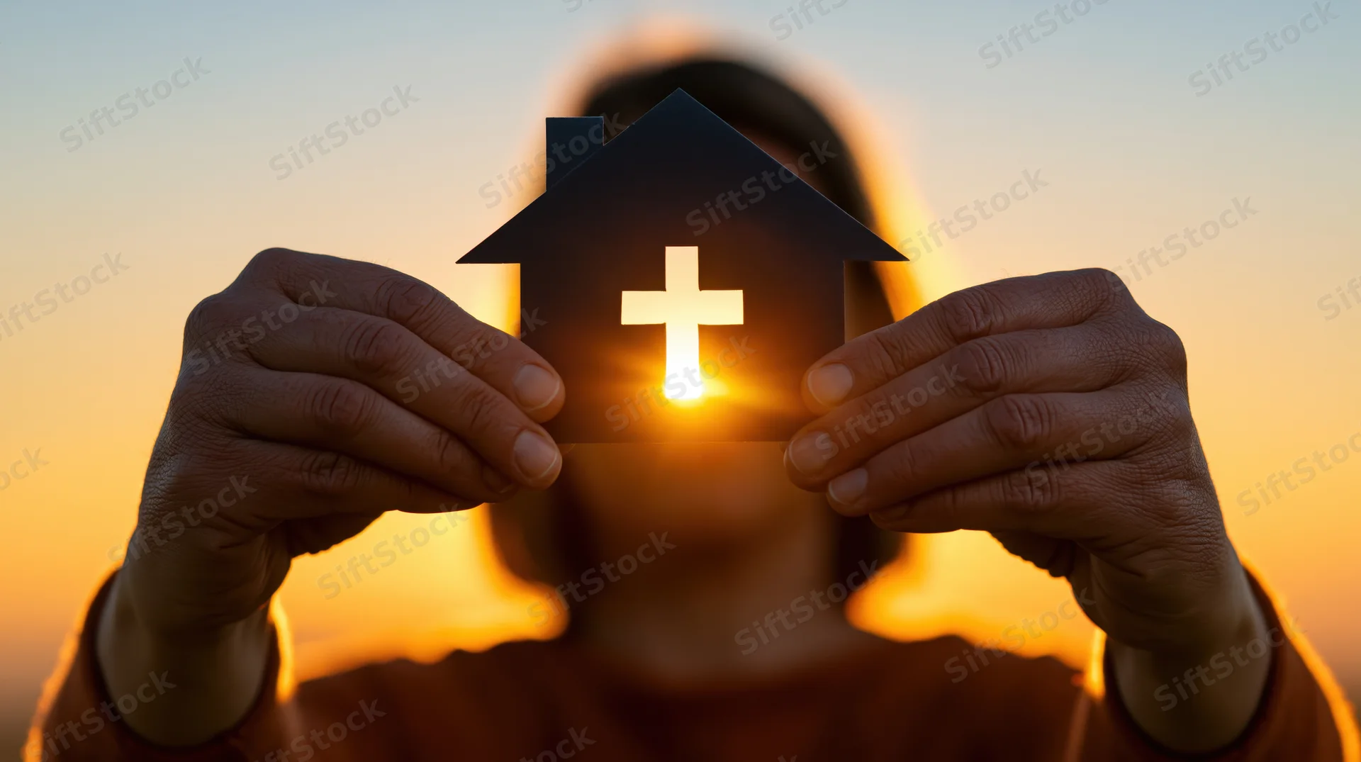 Woman holding paper house cutout with cross over sunset sky