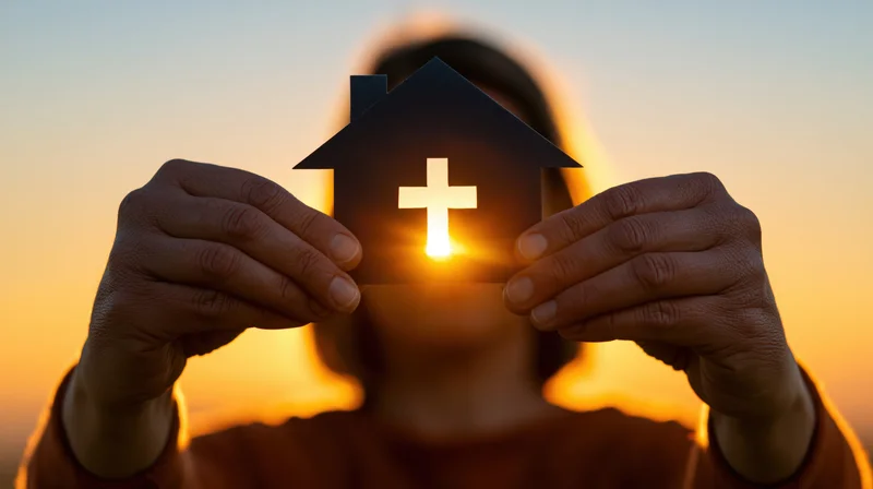 Woman holding paper house cutout with cross over sunset sky