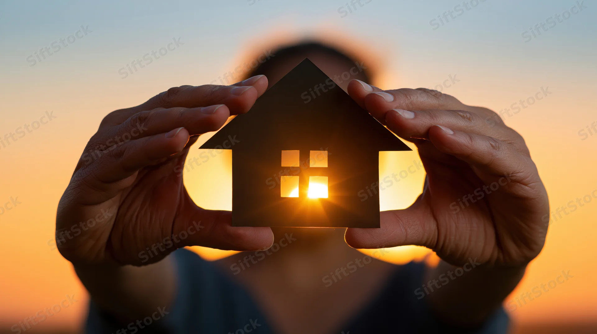 Hands holding a paper house cutout against a sunset sky