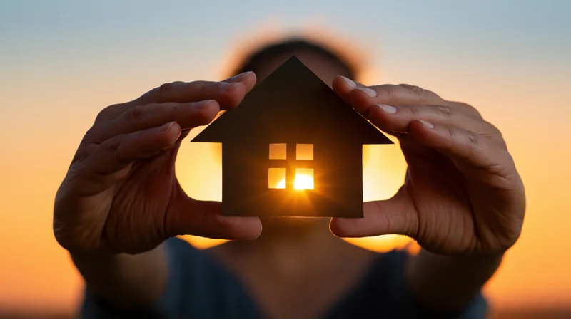 Hands holding a paper house cutout against a sunset sky