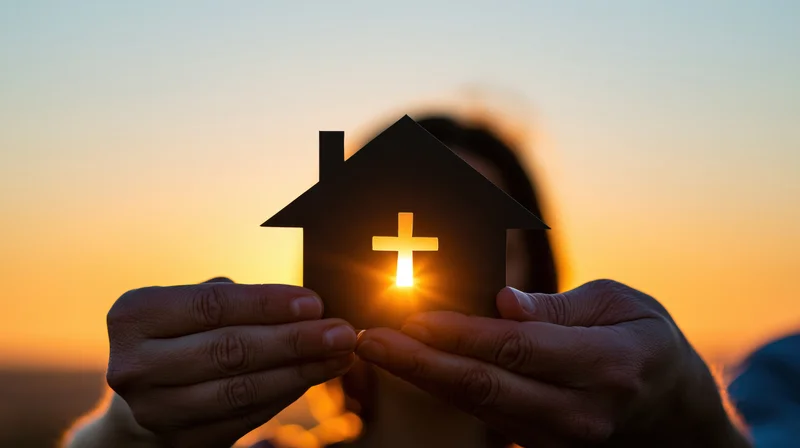Hands holding a paper cutout of a house with a cross glowing at sunset