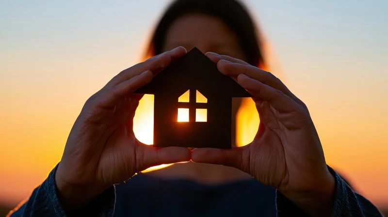 Woman holding paper house cutout against sunset sky