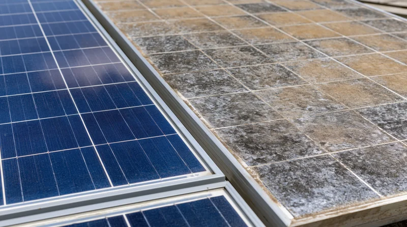 Two solar panels side by side on a rooftop one clean and one dirty