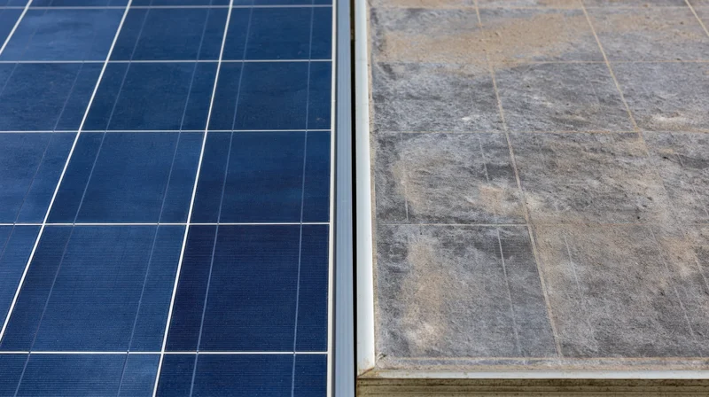 Two solar panels side by side on a rooftop one clean and one dirty