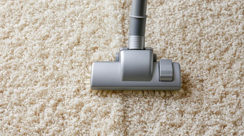 Vacuum cleaner brush head moving across thick cream shag carpet