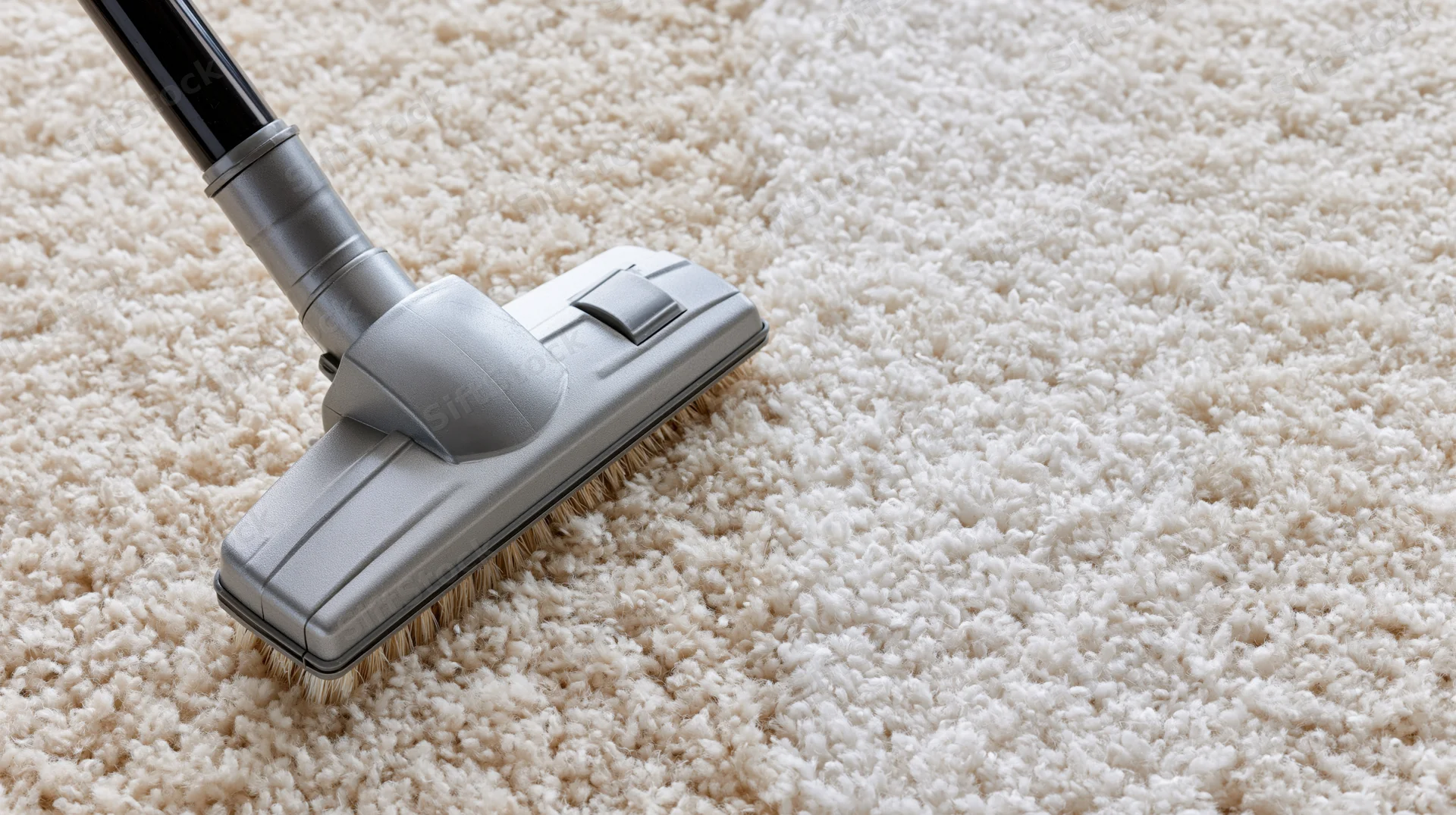 Vacuum cleaner brush head moving across thick cream shag carpet