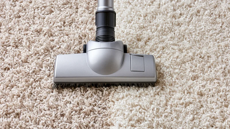 Vacuum cleaner brush head moving across thick cream shag carpet