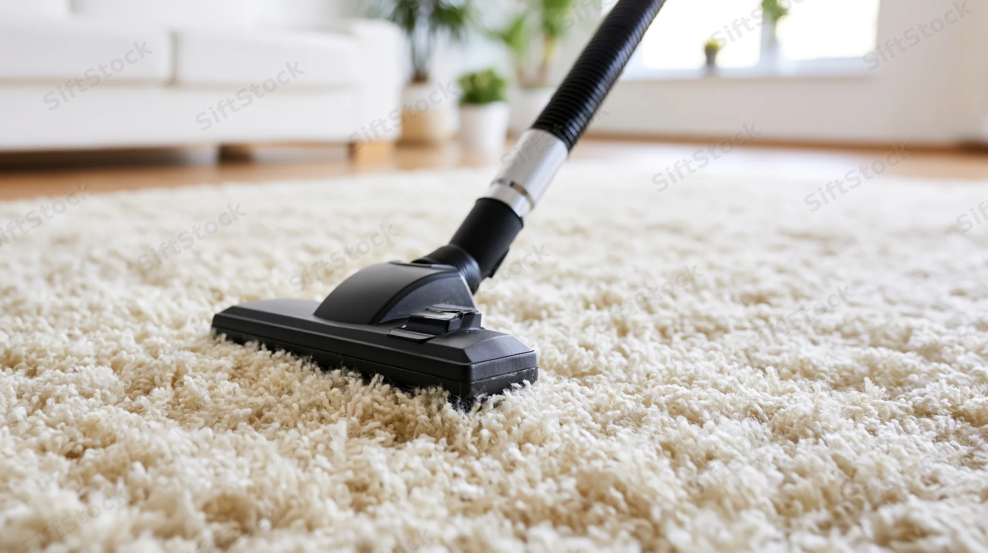 Vacuum cleaner brush head pressed against cream shag rug in living room