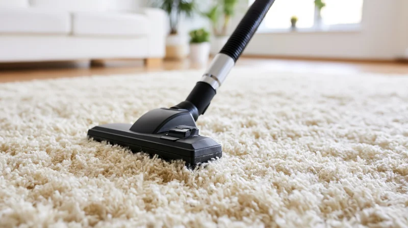 Vacuum cleaner brush head pressed against cream shag rug in living room