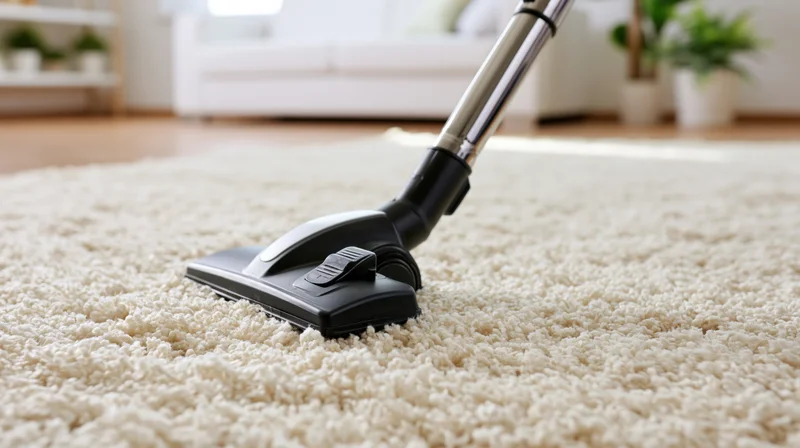 Vacuum cleaner brush head pressed against cream shag rug in living room