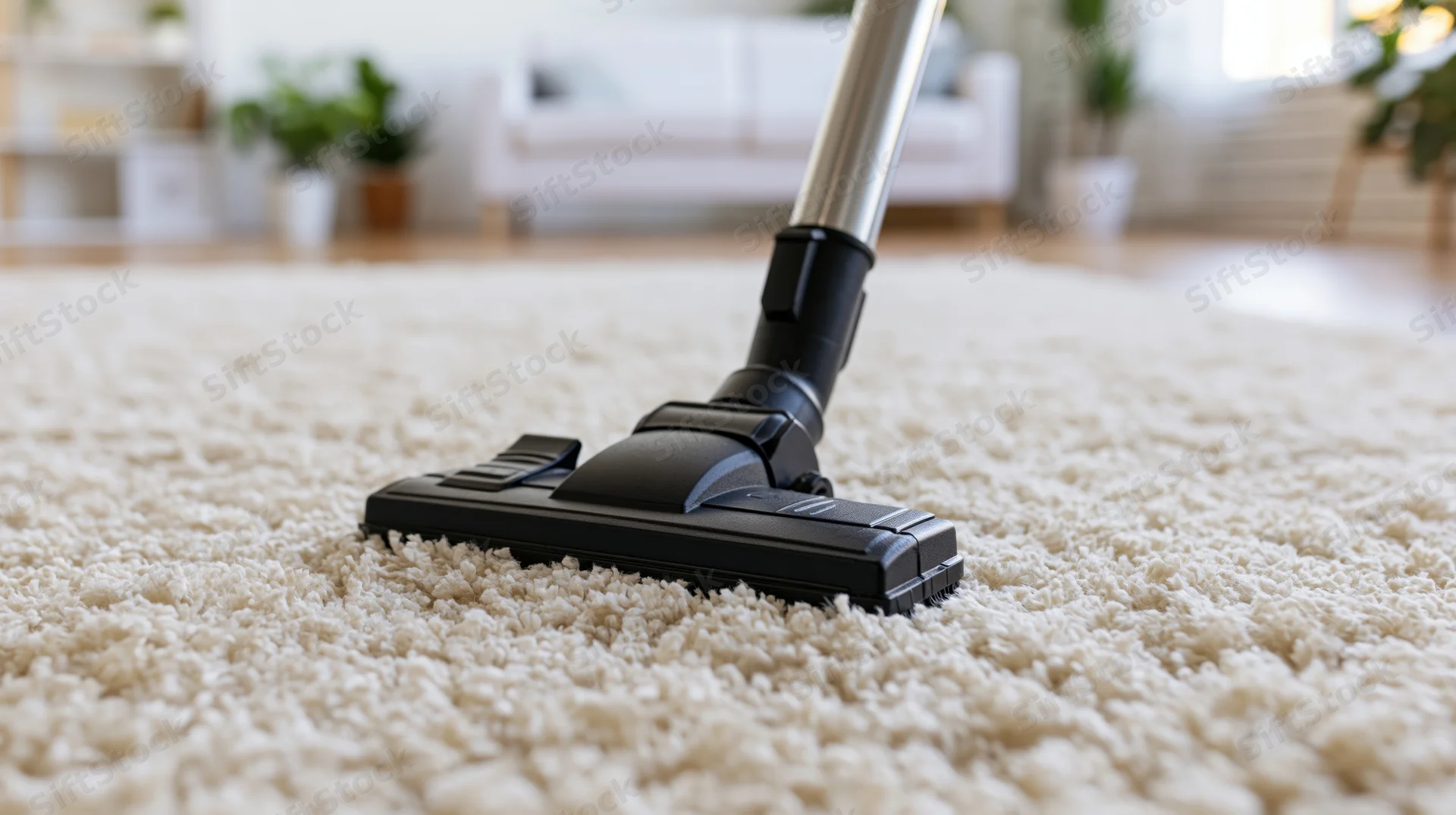 Vacuum cleaner brush head pressed against cream shag rug in living room