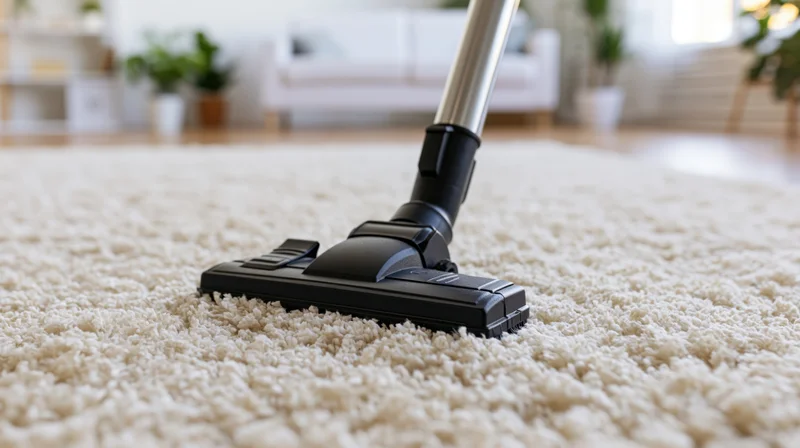 Vacuum cleaner brush head pressed against cream shag rug in living room