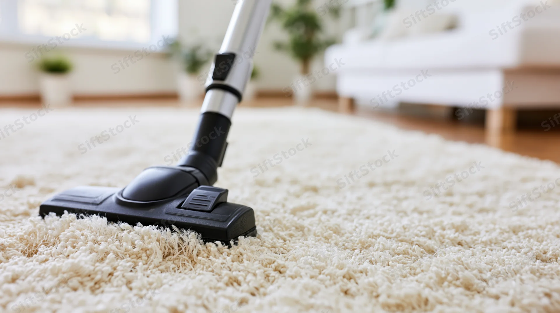 Vacuum cleaner brush head pressed against cream shag rug in living room