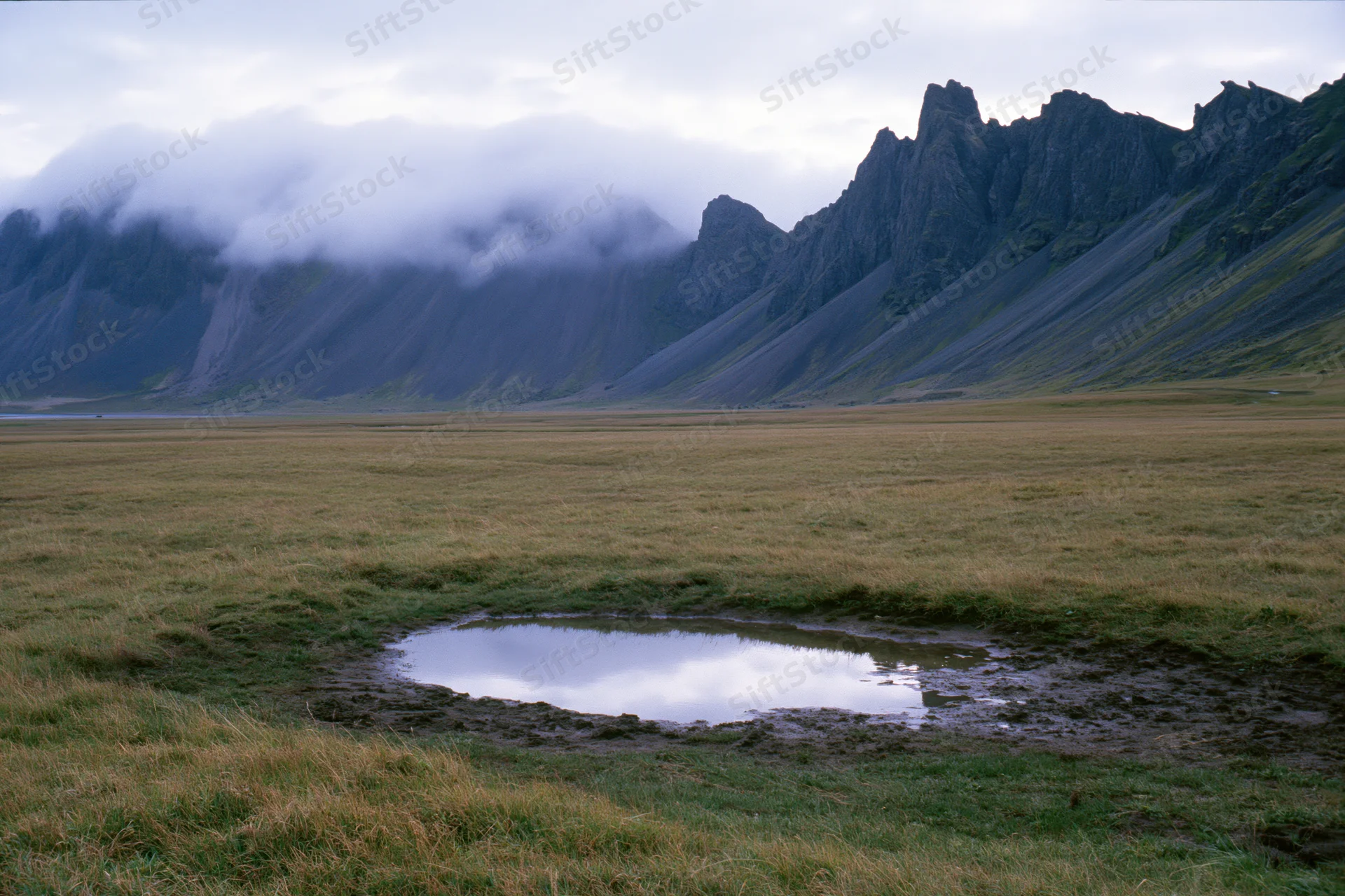Flat grassland with a small puddle reflecting cloudy sky, bordered by jagged dark volcanic mountains in the distance