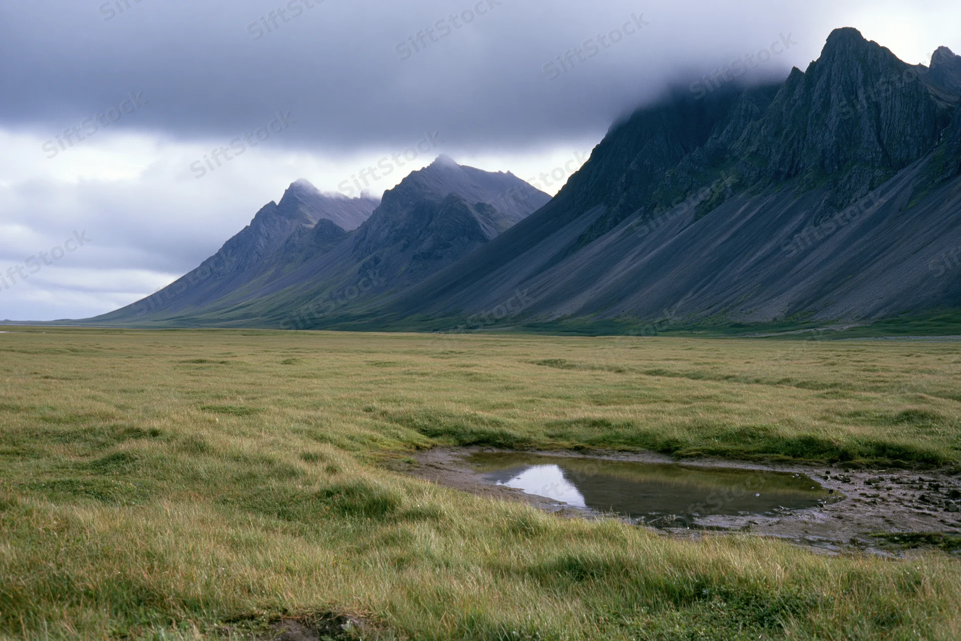 Vast flat grassland stretching toward jagged dark volcanic mountains under overcast sky