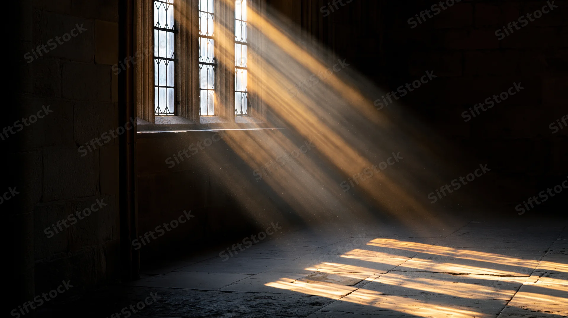 Volumetric light rays streaming through tall leaded cathedral window onto stone floor