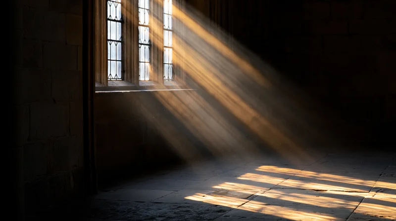 Volumetric light rays streaming through tall leaded cathedral window onto stone floor