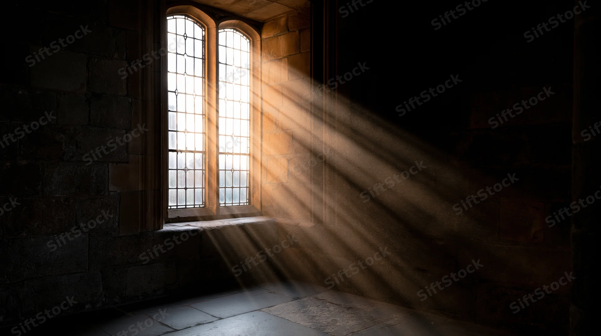 Volumetric light rays streaming through tall leaded cathedral window onto stone floor
