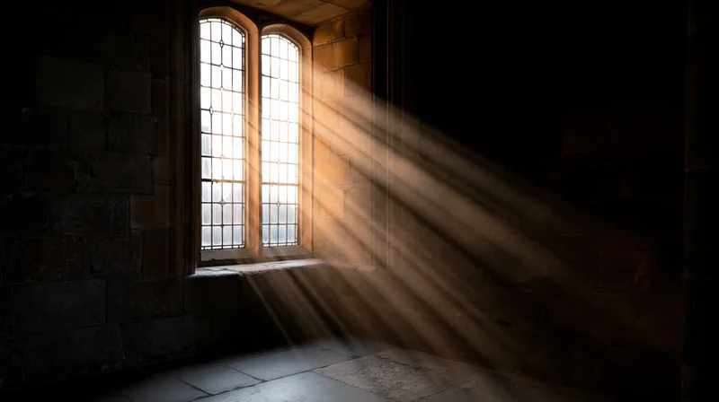 Volumetric light rays streaming through tall leaded cathedral window onto stone floor