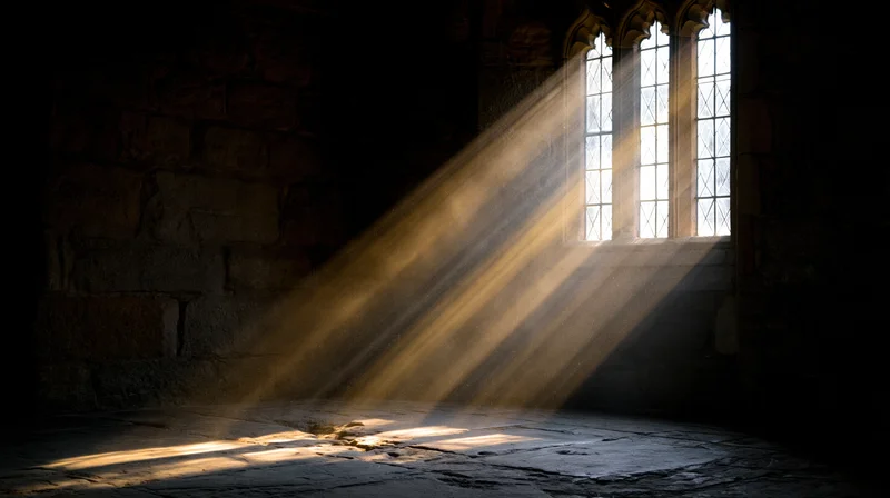 Volumetric sunlight rays streaming through tall leaded cathedral window onto stone floor