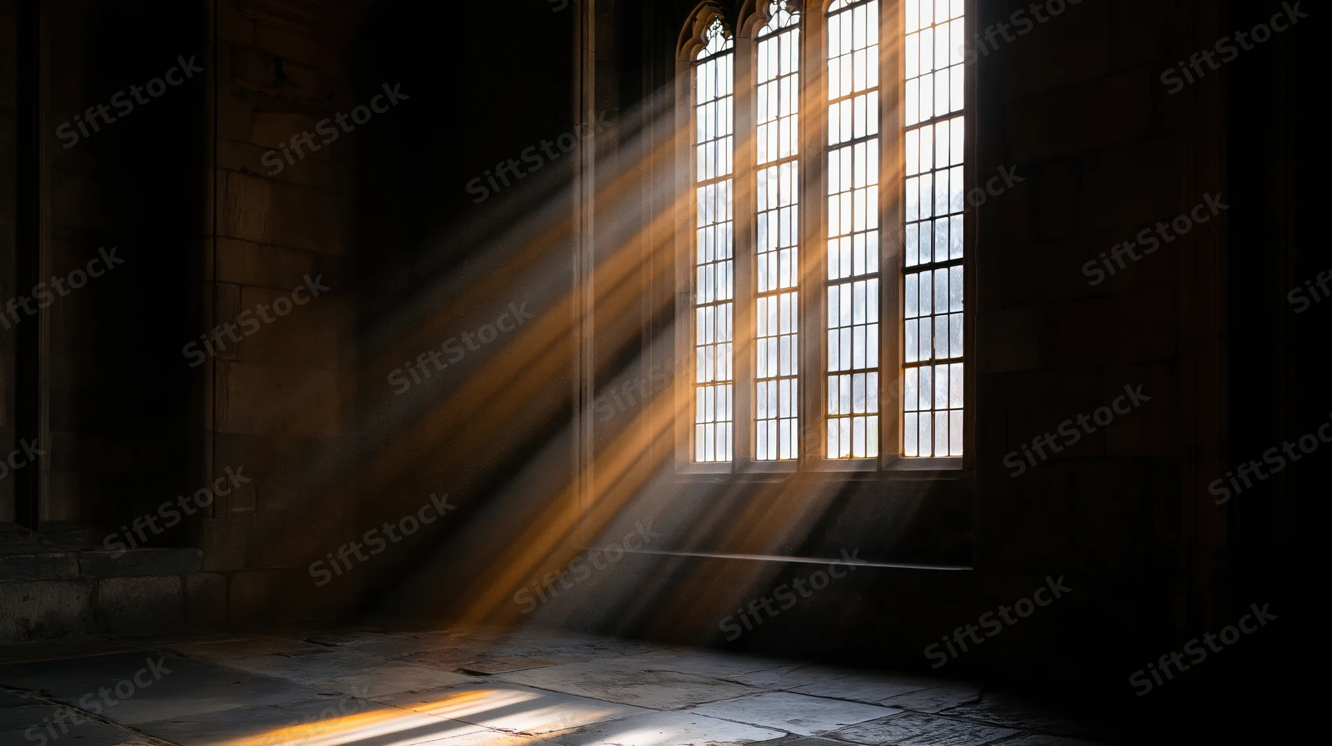 Volumetric light rays streaming through tall leaded cathedral window onto stone floor