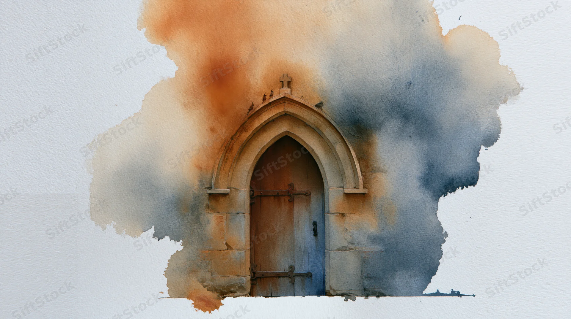 Watercolor painting of an old stone church doorway with a cross above the arched entrance