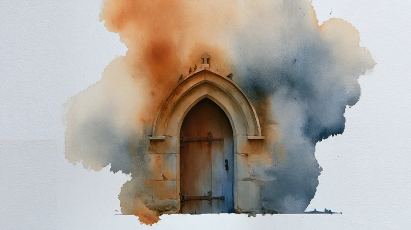 Watercolor painting of an old stone church doorway with a cross above the arched entrance