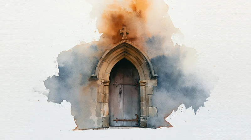 Old stone church doorway with arched gothic entrance and wooden door under a cross, watercolor painting style