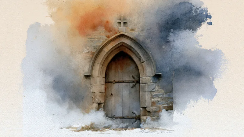 Arched stone church doorway with wooden door and cross above, rendered in watercolor style