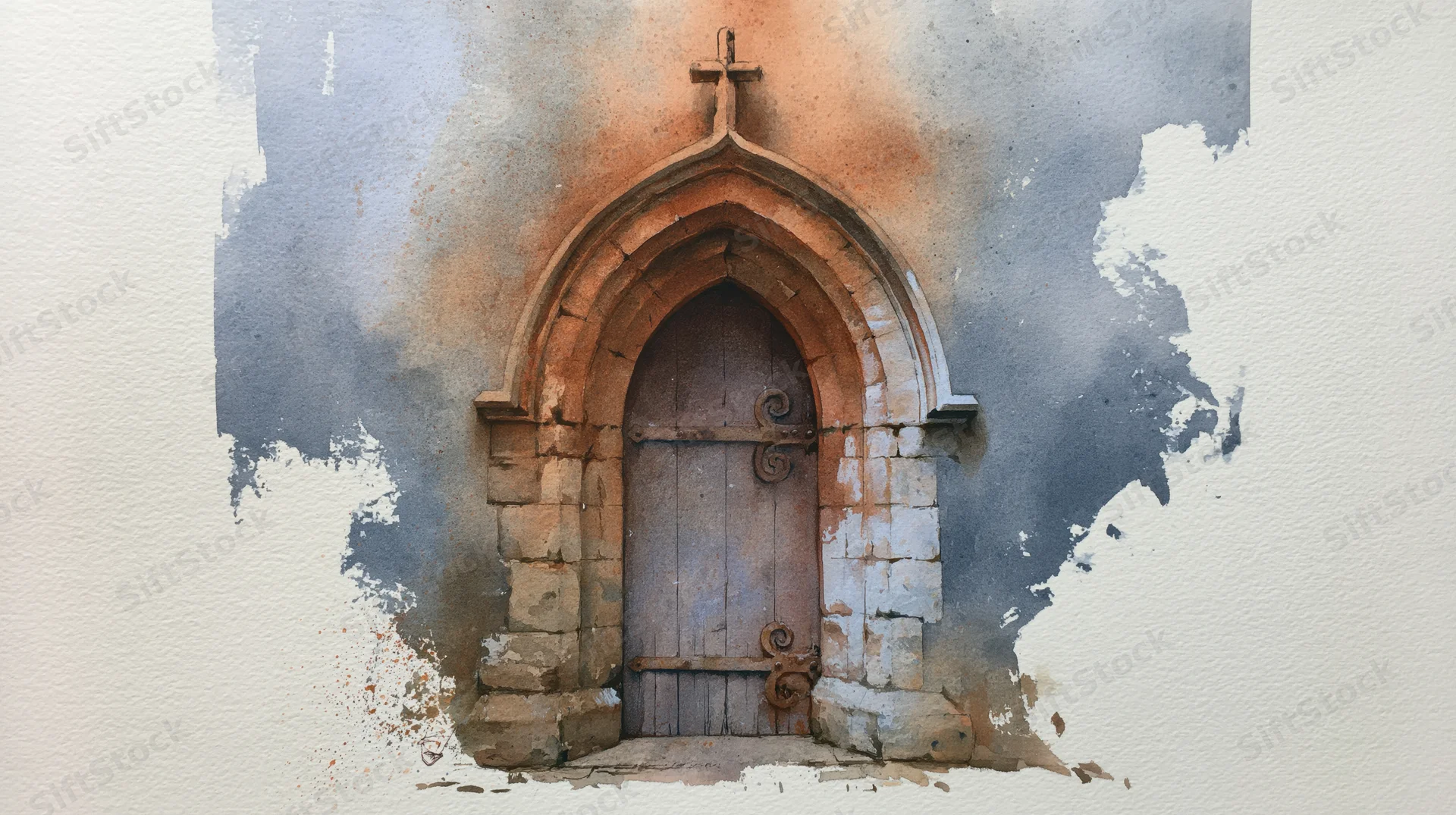 Old stone church doorway with arched gothic entrance and wooden door under a cross