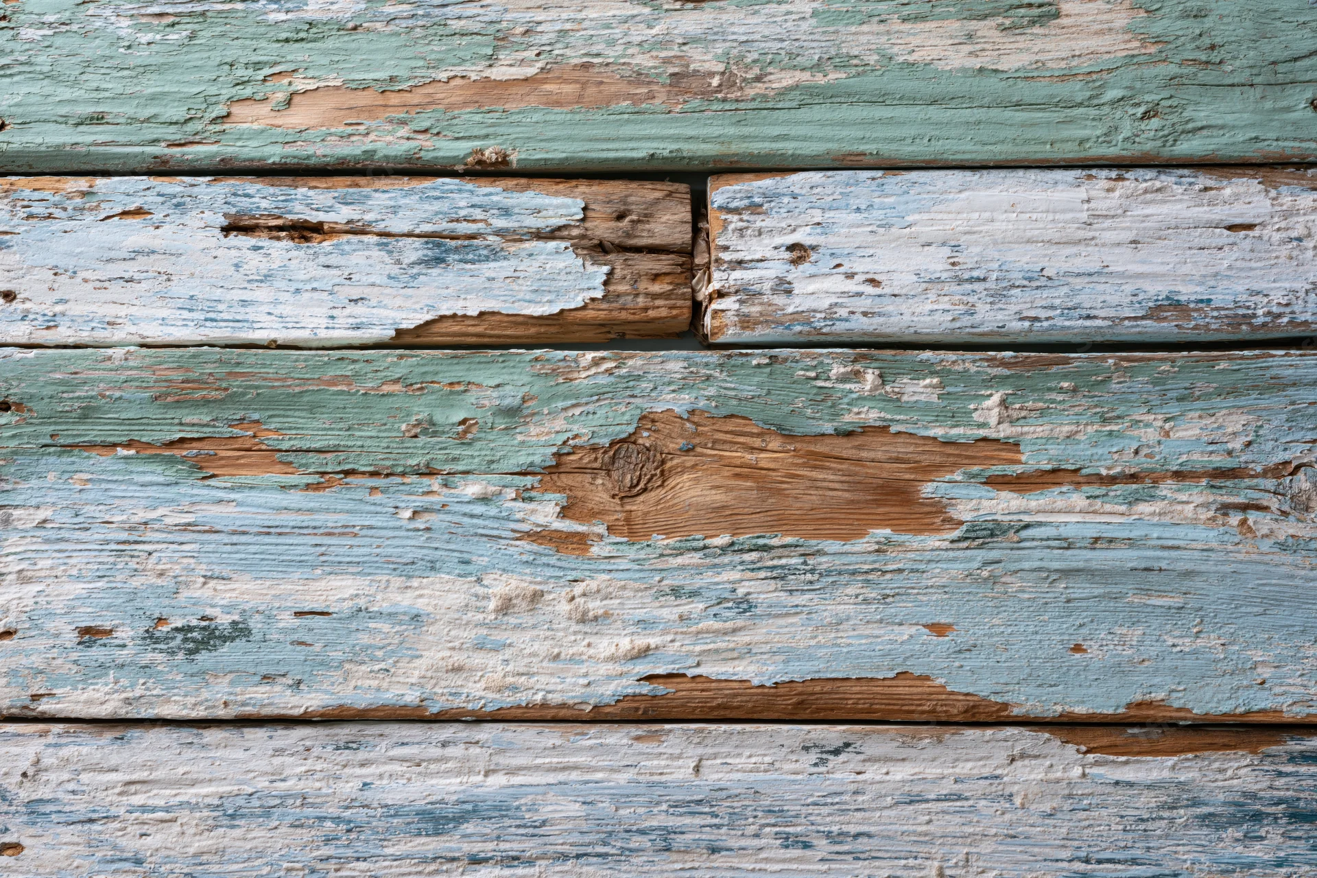 Horizontal weathered wooden planks with peeling blue and green paint showing natural wood grain and knots