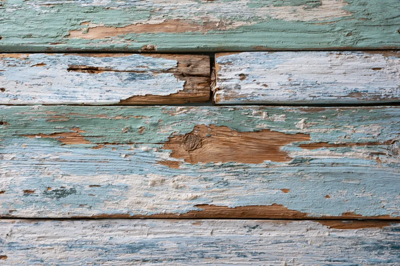 Horizontal weathered wooden planks with peeling blue and green paint showing natural wood grain and knots