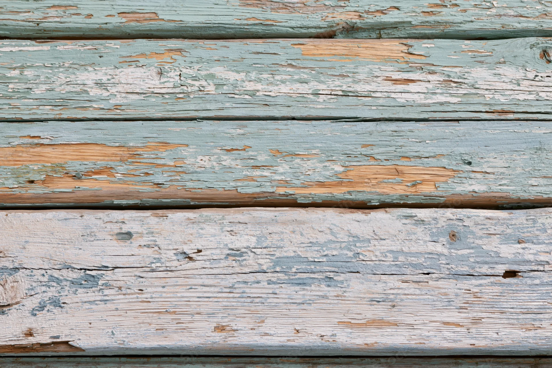 Horizontal weathered wooden planks with peeling blue and white paint forming a textured surface