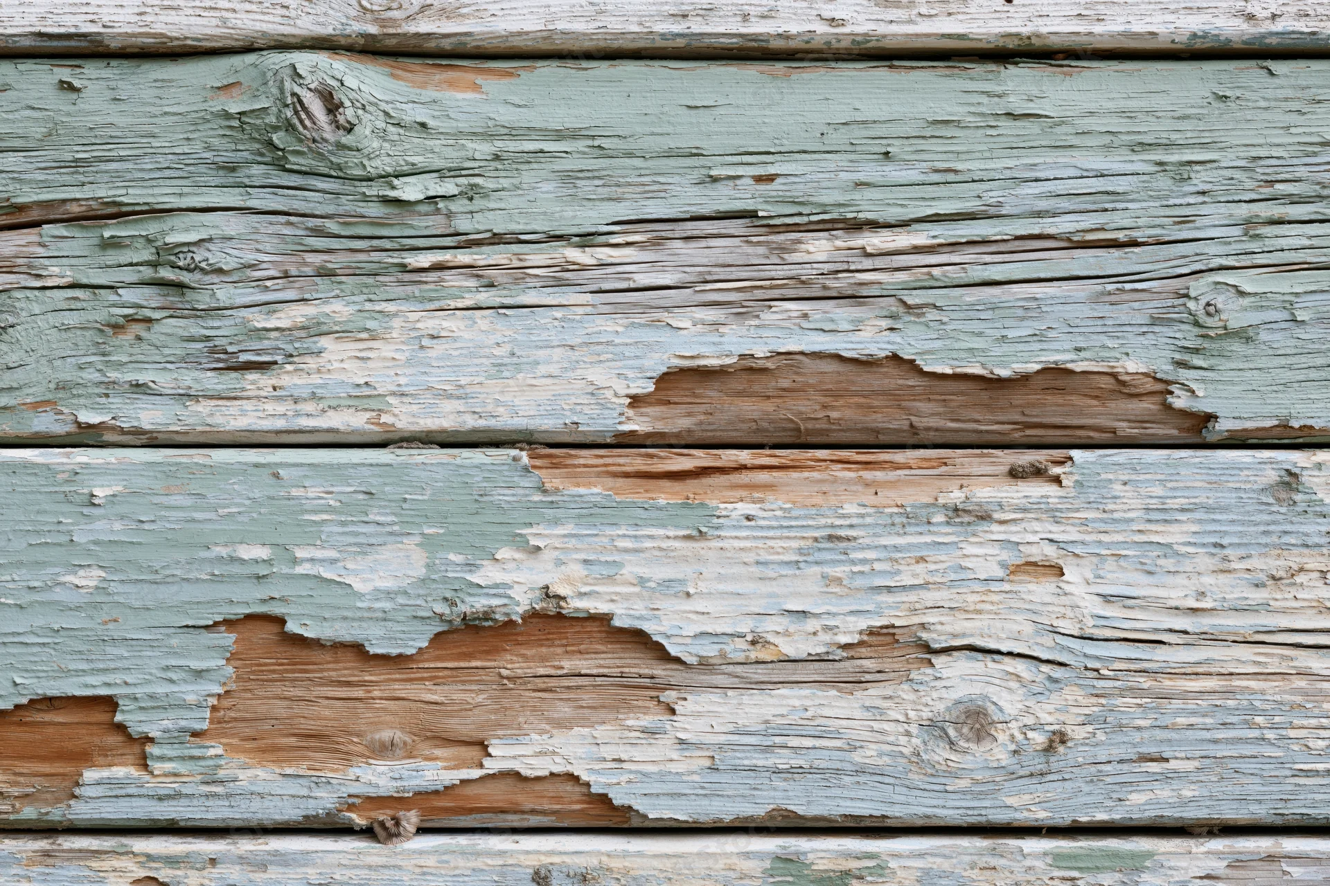 Horizontal weathered wooden planks with peeling paint and exposed grain