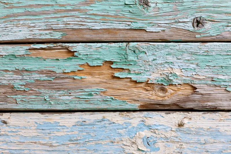 Weathered wooden planks arranged horizontally with peeling paint in green and blue hues