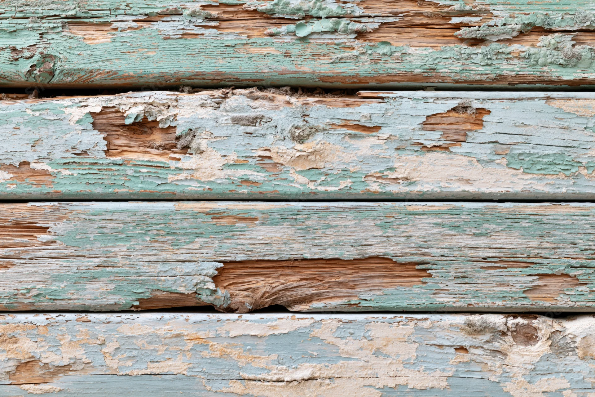 Horizontal weathered wooden planks with peeling paint and exposed grain