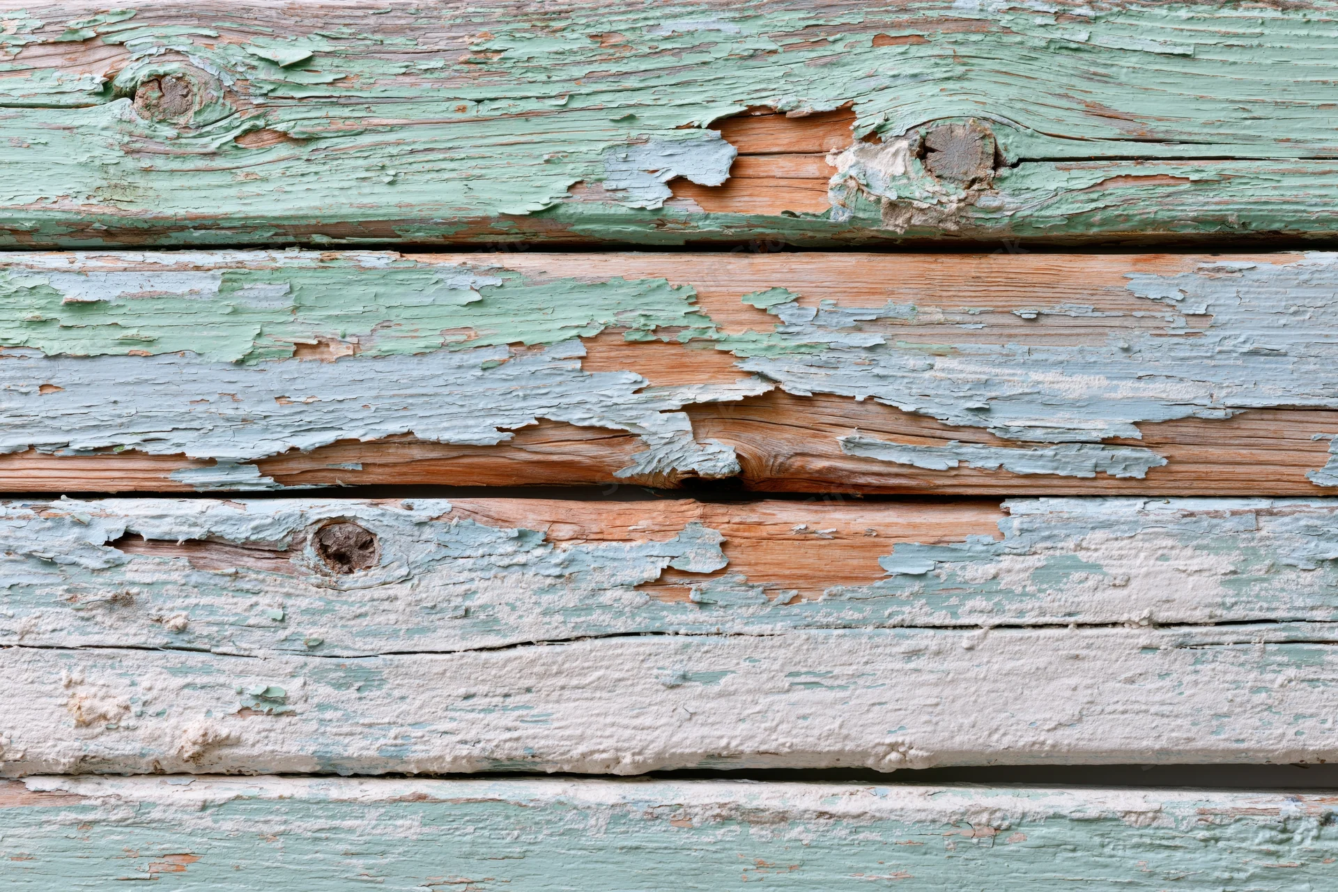 Horizontal weathered wooden planks with peeling green and blue paint showing natural wood grain and knots