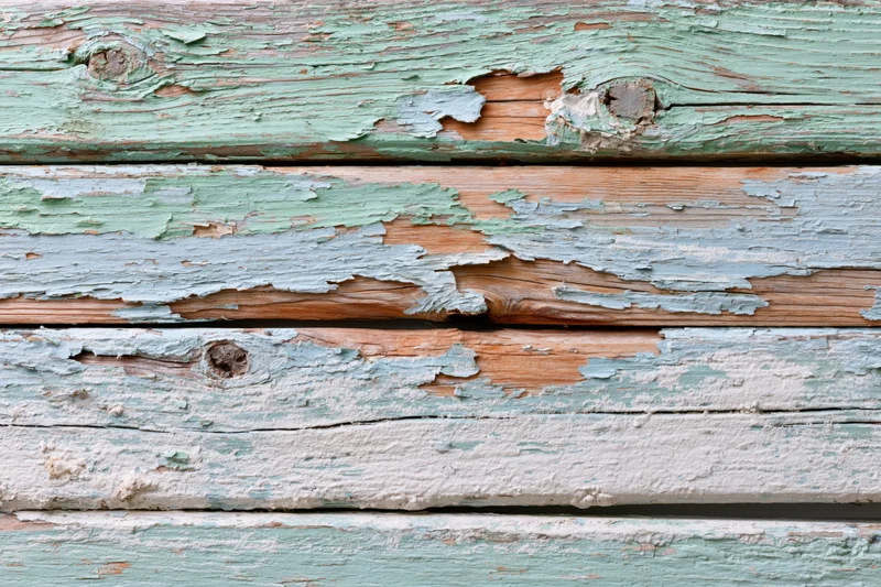 Horizontal weathered wooden planks with peeling green and blue paint showing natural wood grain and knots