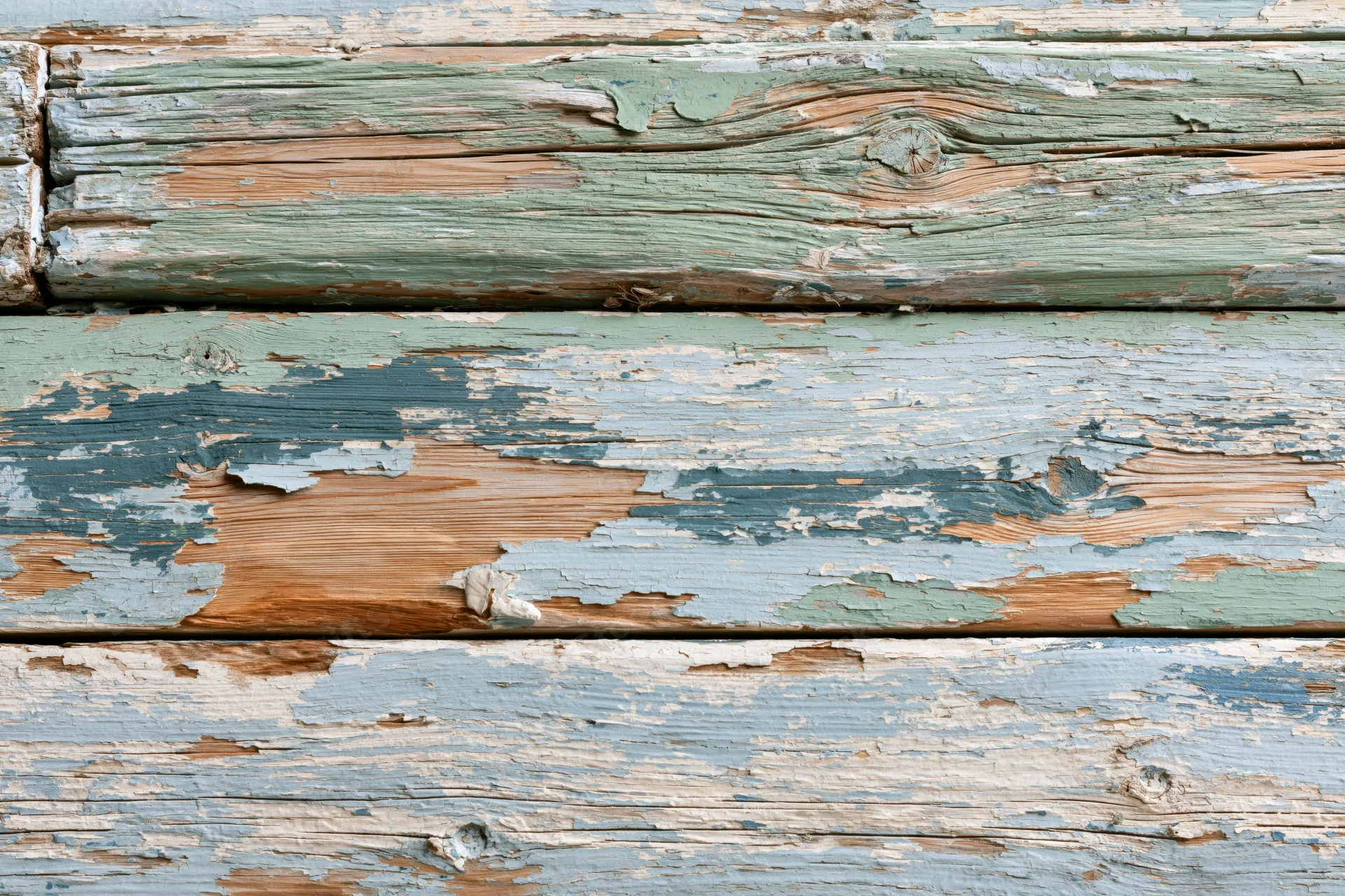 Horizontal weathered wooden planks with peeling paint showing natural wood grain and knots
