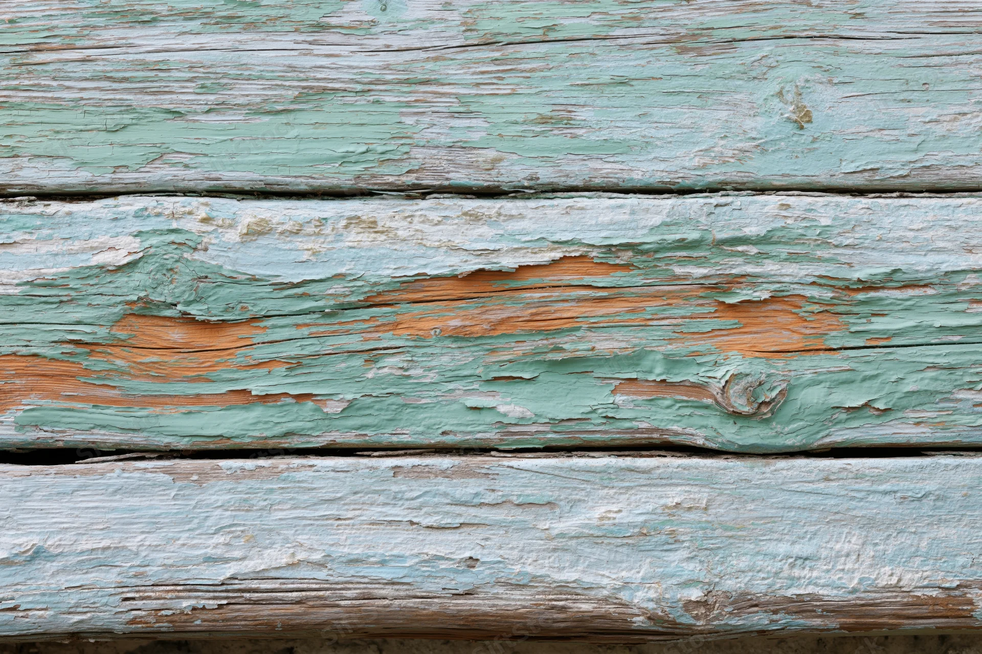Horizontal weathered wooden planks with peeling teal paint showing natural wood grain and cracks