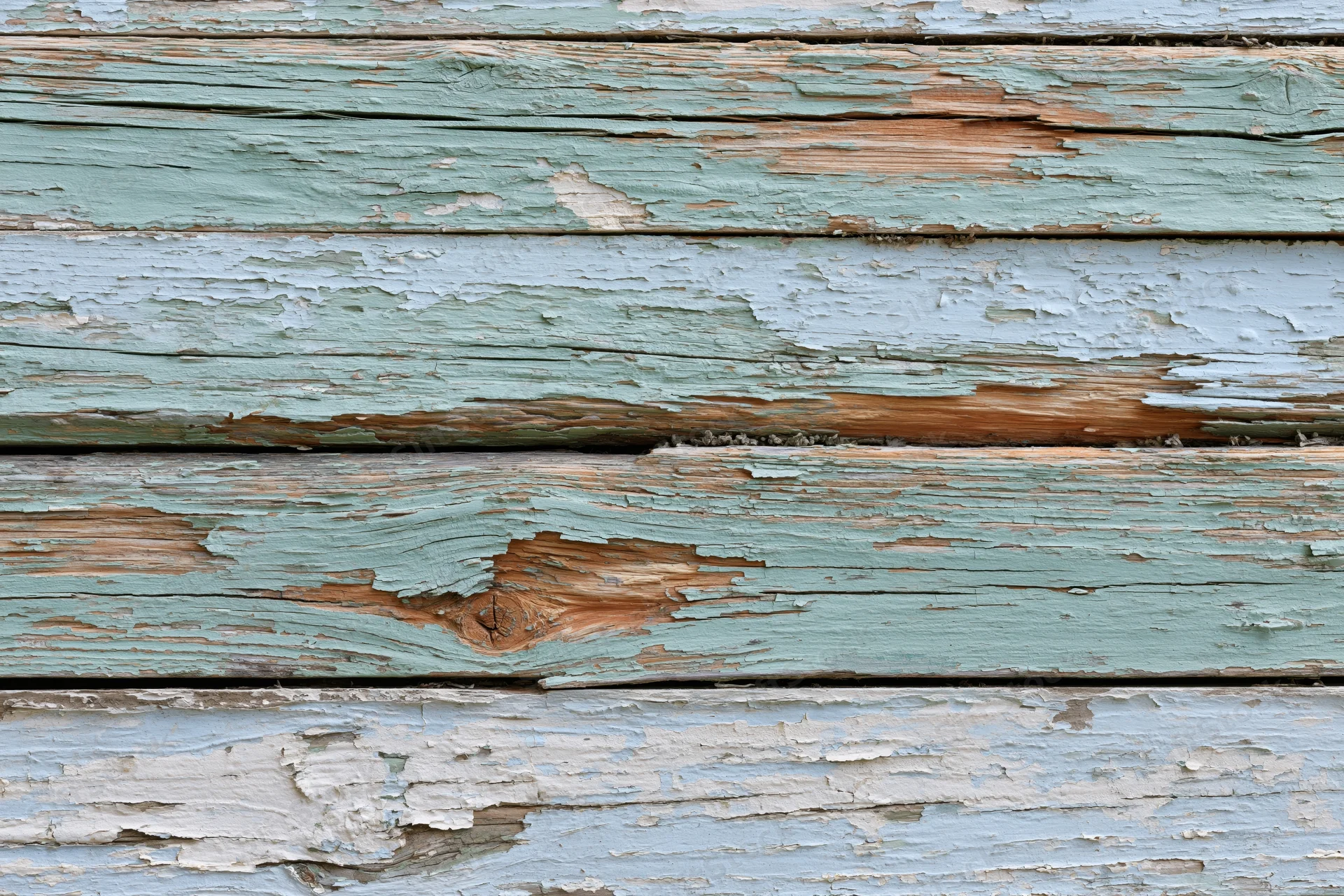 Horizontal weathered wooden planks with peeling paint and exposed grain