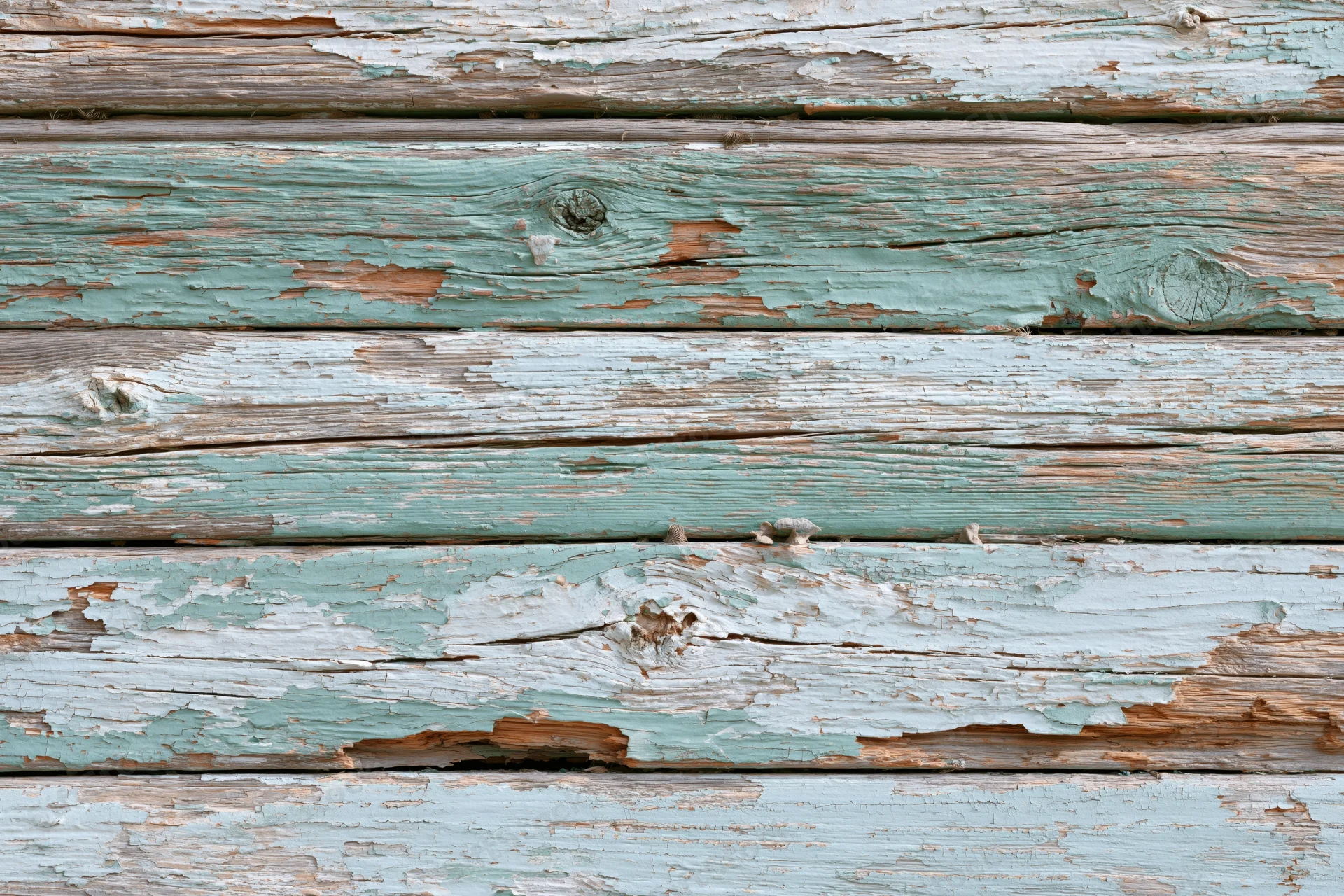 Horizontal weathered wooden planks with peeling teal and white paint showing natural grain and knots