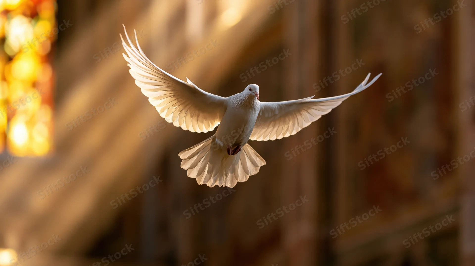 White dove in mid-flight with wings fully spread inside a church illuminated by stained glass light